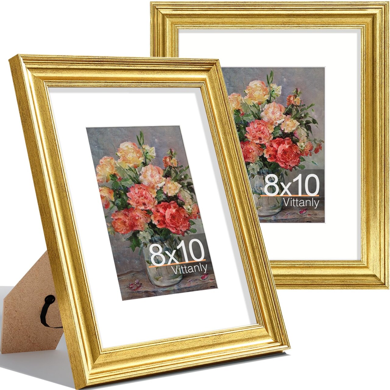 8x10 Picture Frames Set of 2, Ornate Vintage Photo Frame for Wall or Tabletop, Display 5x7 Pictures with Mat or 8x10 without Mat, Rustic Gold